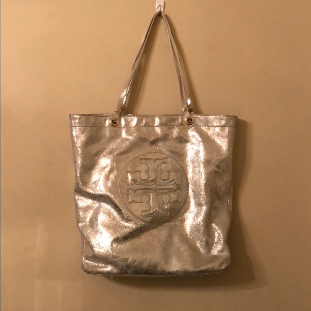 Metallic silver Tory Burch tote